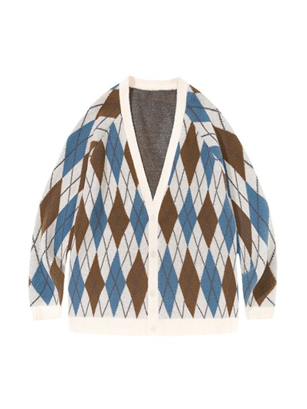 EMMIOL Men's V Neck Argyle Pattern Knit Cardigan