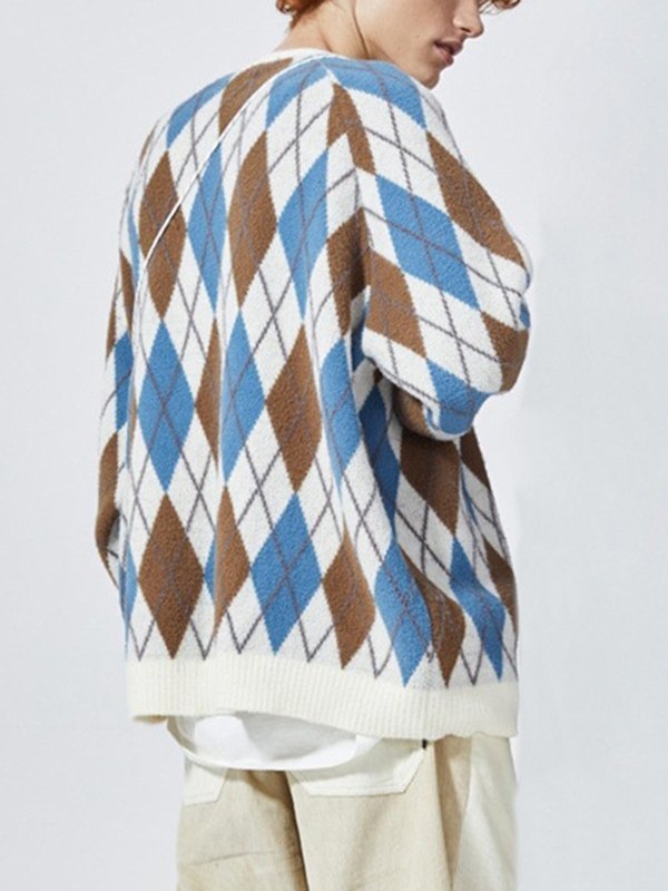 EMMIOL Men's V Neck Argyle Pattern Knit Cardigan