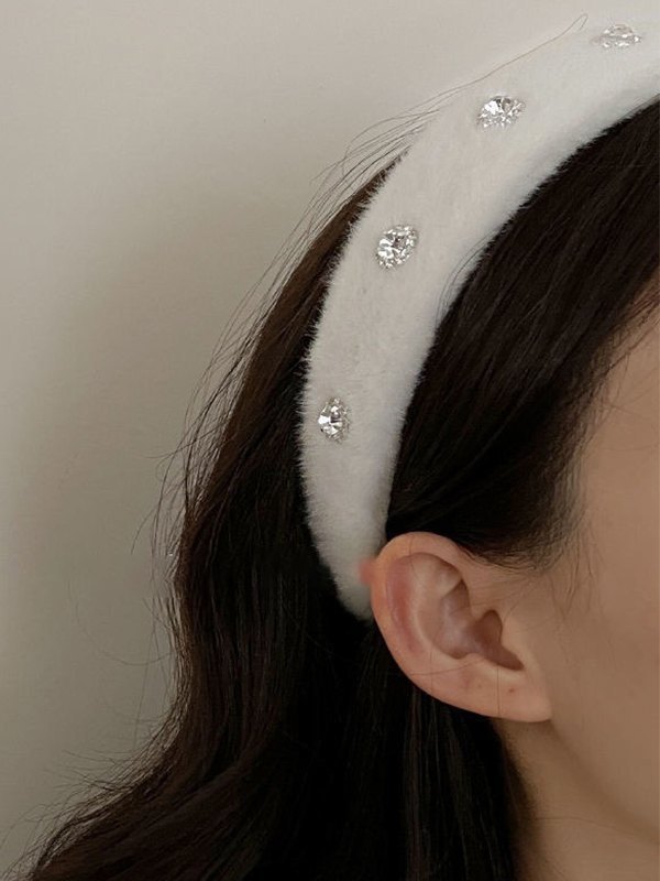Emmiol Free shipping 2023 Rhinestone Embellished Fuzzy Headband White
