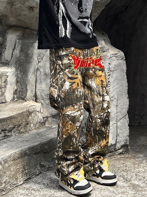 Emmiol Free shipping 2024 Men's Leafy Camo Print Loose Cargo Pants Green XL in Cargo Pants