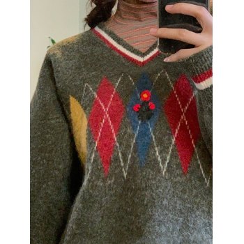 Argyle V-Neck Long Sleeve Pullover Sweater