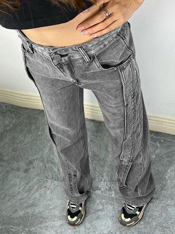 EMMIOL Washed Gray Patchwork Boyfriend Jeans