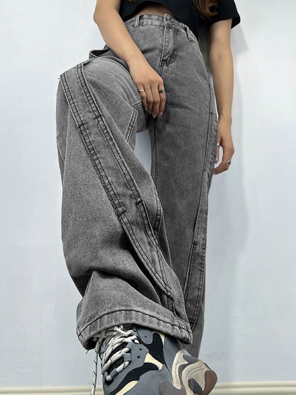 EMMIOL Washed Gray Patchwork Boyfriend Jeans