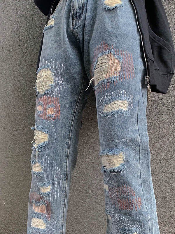 EMMIOL Jeans rasgados de pierna recta desgastados azules