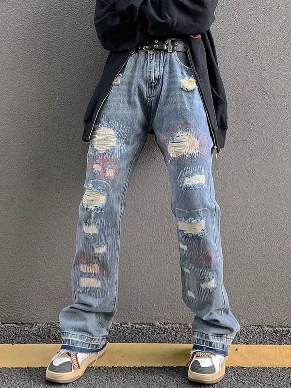 EMMIOL Jeans rasgados de pierna recta desgastados azules