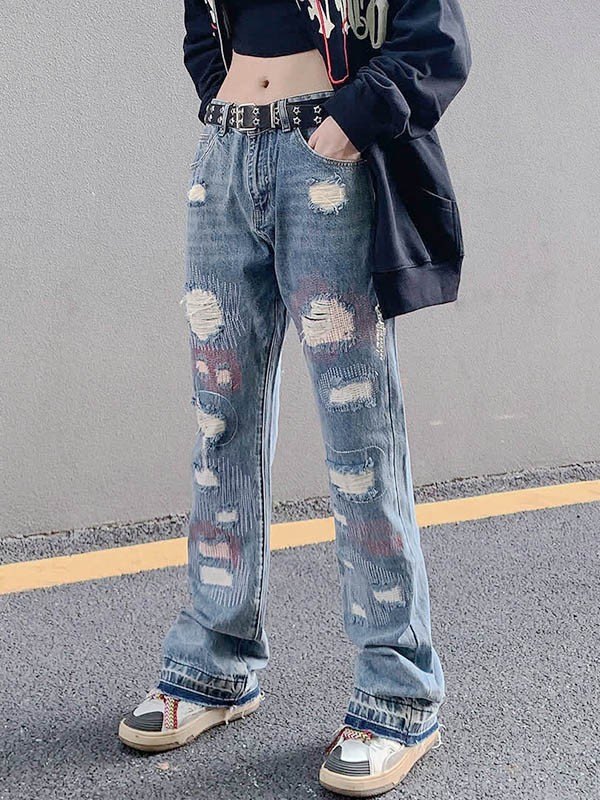 EMMIOL Jeans rasgados de pierna recta desgastados azules