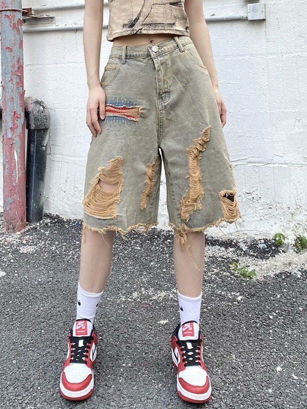 EMMIOL Vintage Baggy Ripped Denim Shorts