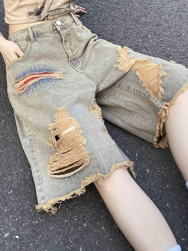 EMMIOL Vintage Baggy Ripped Denim Shorts