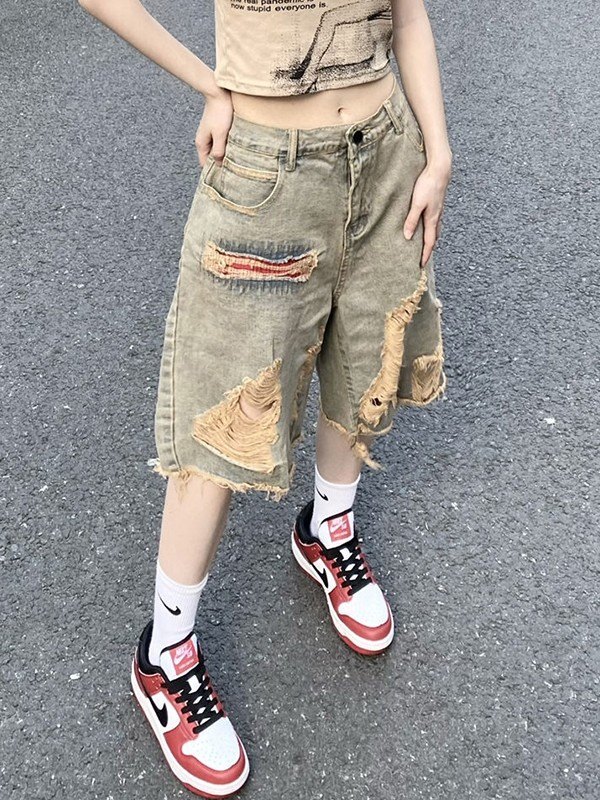 EMMIOL Vintage Baggy Ripped Denim Shorts