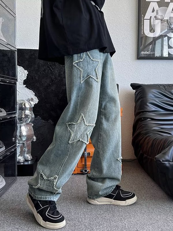 EMMIOL Jeans sueltos con estrellas bordadas para hombre