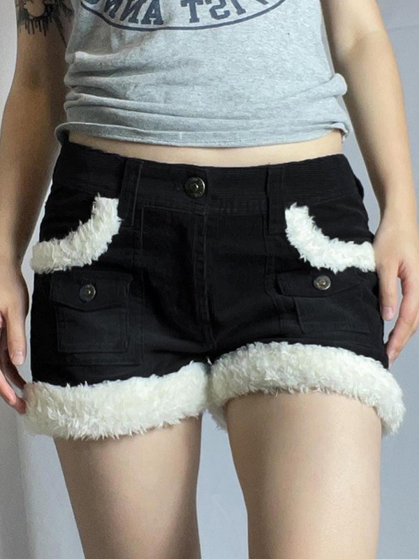 EMMIOL Fuzzy Trim Black Corduroy Shorts
