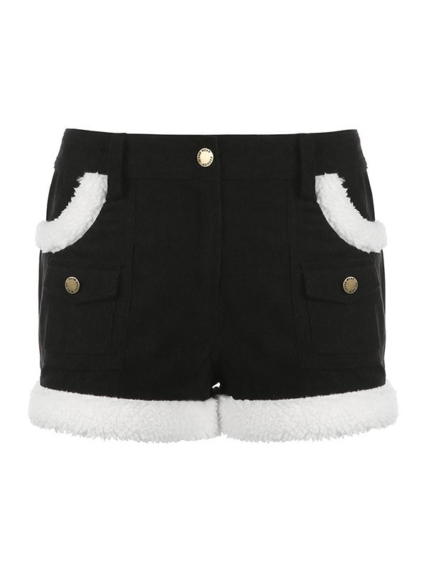 EMMIOL Fuzzy Trim Black Corduroy Shorts
