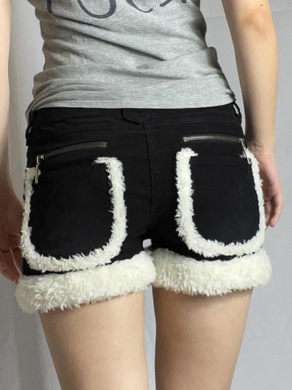 EMMIOL Fuzzy Trim Black Corduroy Shorts