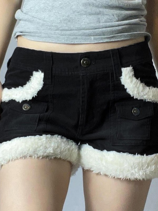 EMMIOL Fuzzy Trim Black Corduroy Shorts