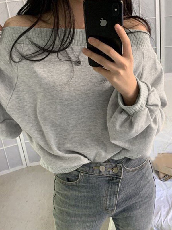 EMMIOL Schulterfreies graues Pullover-Sweatshirt