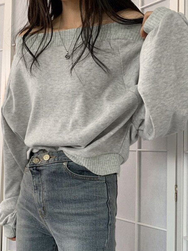 EMMIOL Schulterfreies graues Pullover-Sweatshirt