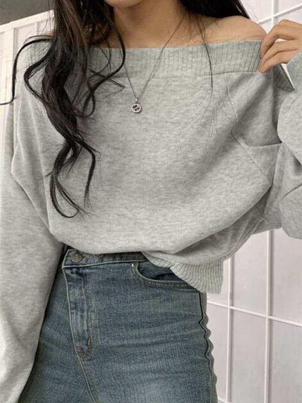EMMIOL Schulterfreies graues Pullover-Sweatshirt