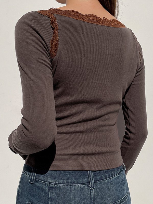 Emmiol Free shipping 2023 Lace Trim Brown Ribbed Long Sleeve Tee Brown ...