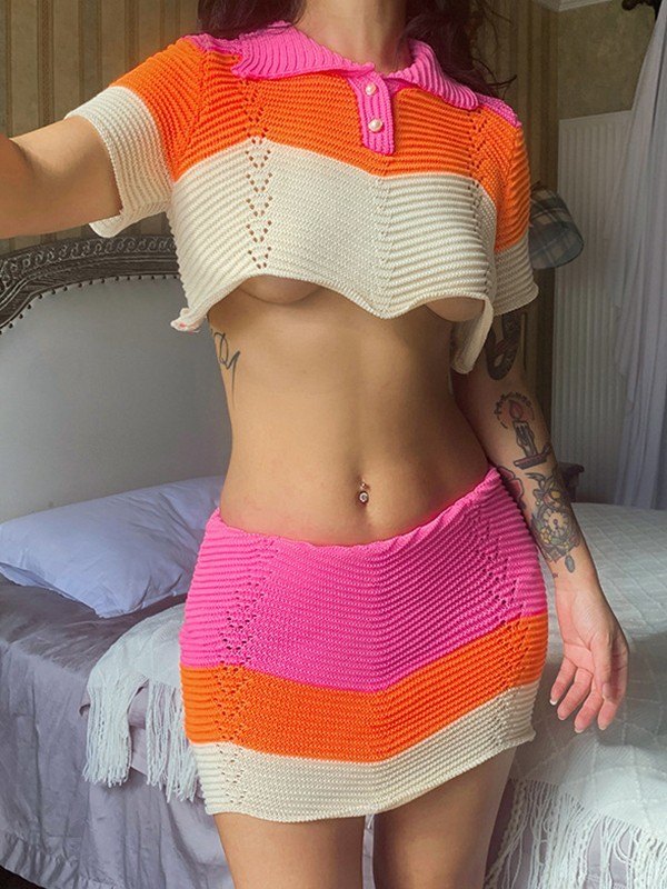 EMMIOL Set top corto e pantaloncini in maglia a blocchi di colore