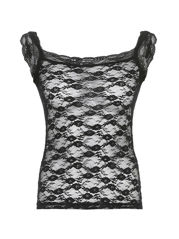EMMIOL Black Floral Sheer Lace Tank Top