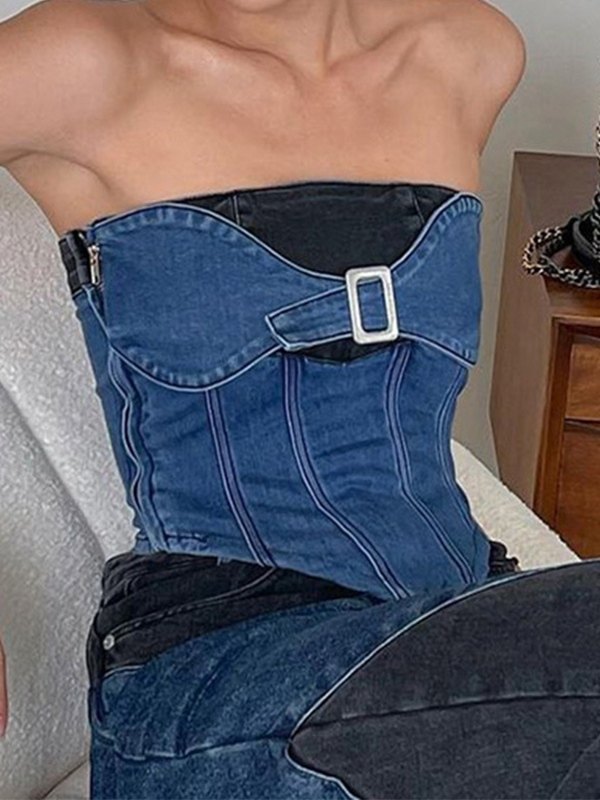 Embroidered Panelled Denim Corset