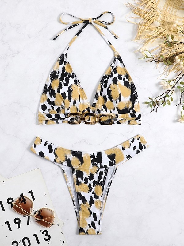 EMMIOL Conjunto de bikini halter con estampado de leopardo