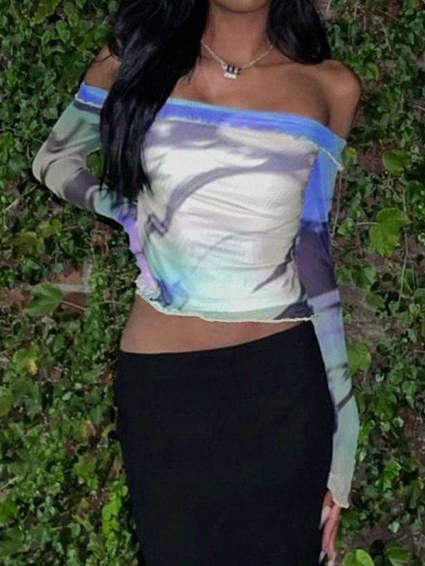 EMMIOL Blusa de malla con hombros descubiertos y manga larga