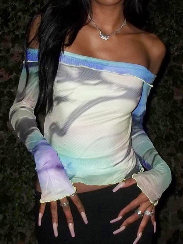 EMMIOL Blusa de malla con hombros descubiertos y manga larga