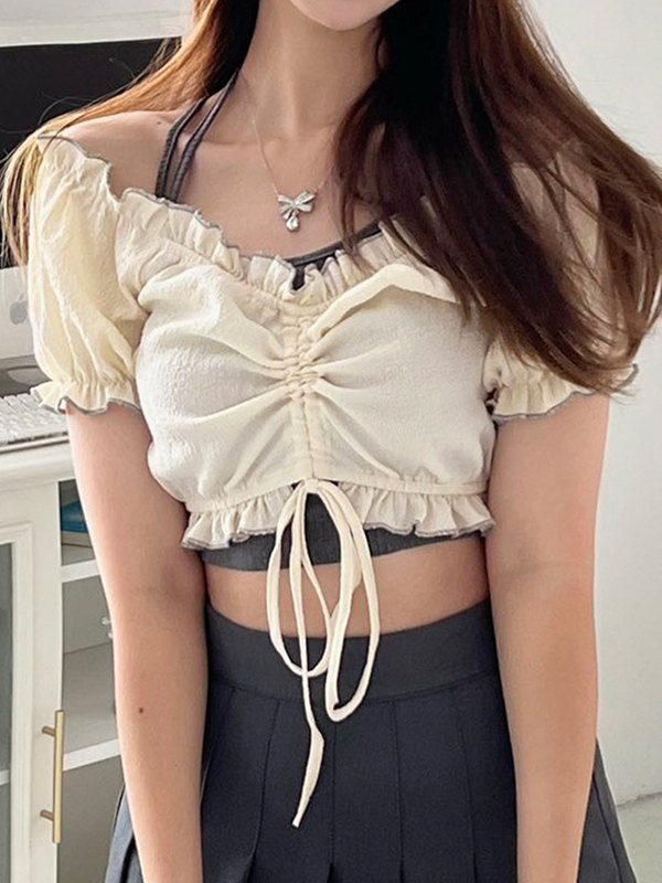 EMMIOL Blusa corta de manga corta con hombros descubiertos y volantes