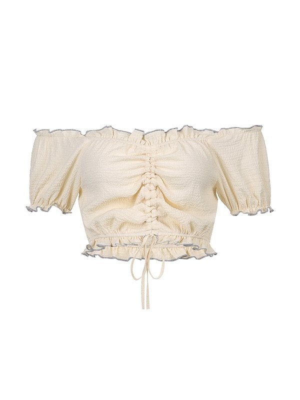 EMMIOL Blusa corta de manga corta con hombros descubiertos y volantes