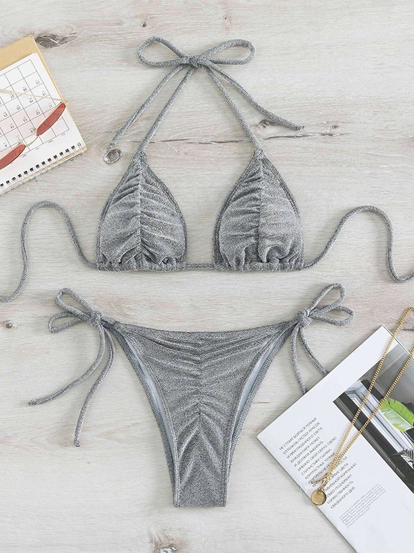 EMMIOL Conjunto de bikini metálico fruncido con cordones