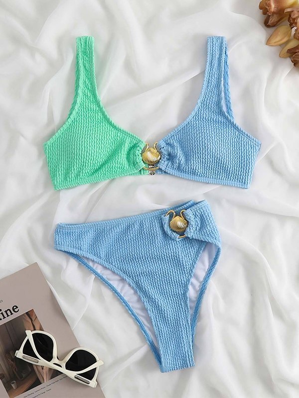 EMMIOL Metal Embellish Patchwork Smocked Bikini Set