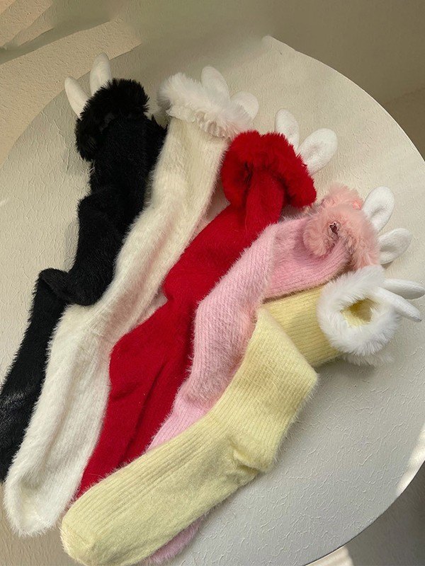 Emmiol Free shipping 2024 Cute Bunny Ear Fuzzy Socks Red ONE SIZE in