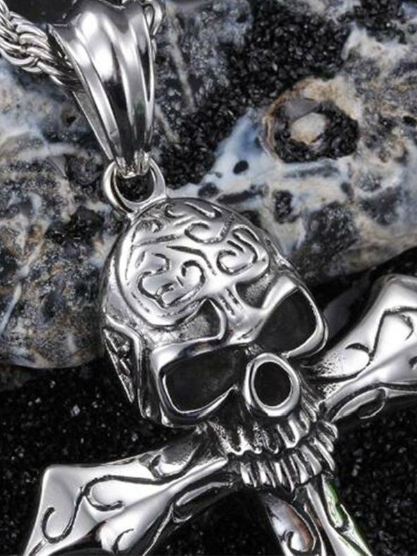 Alba Rock Gothic Cross And Skull Pendant Necklace - Silver, 50cm Chain