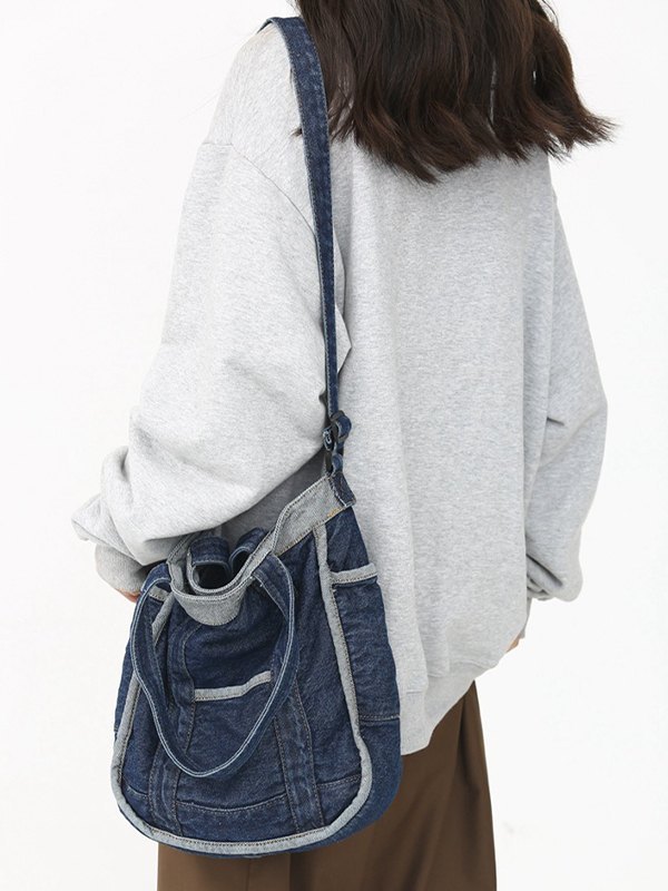 Emmiol Free shipping 2024 Vintage Washed Denim Crossbody Bag Navy Blue ONE SIZE in Bags online