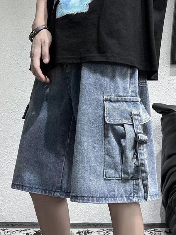 EMMIOL Pantalones cortos de mezclilla cargo de pierna recta azul para hombre
