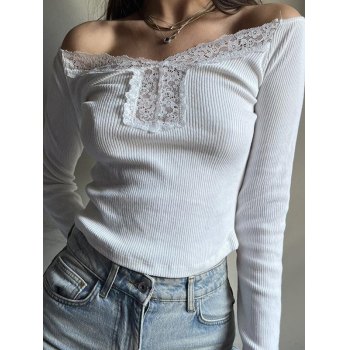 White Lace Trim Ribbed Long Sleeve Crop Top