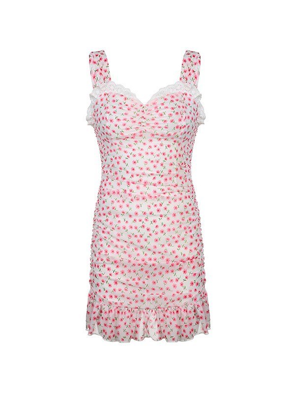Emmiol Free shipping 2023 Ruffle Floral Sleeveless Mini Dress Pink M in