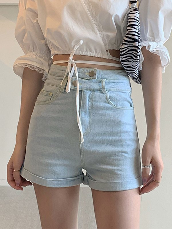 EMMIOL Shorts de mezclilla ajustados con cintura alta y dobladillo con puños