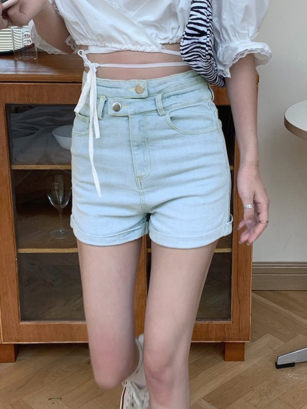 EMMIOL Shorts de mezclilla ajustados con cintura alta y dobladillo con puños