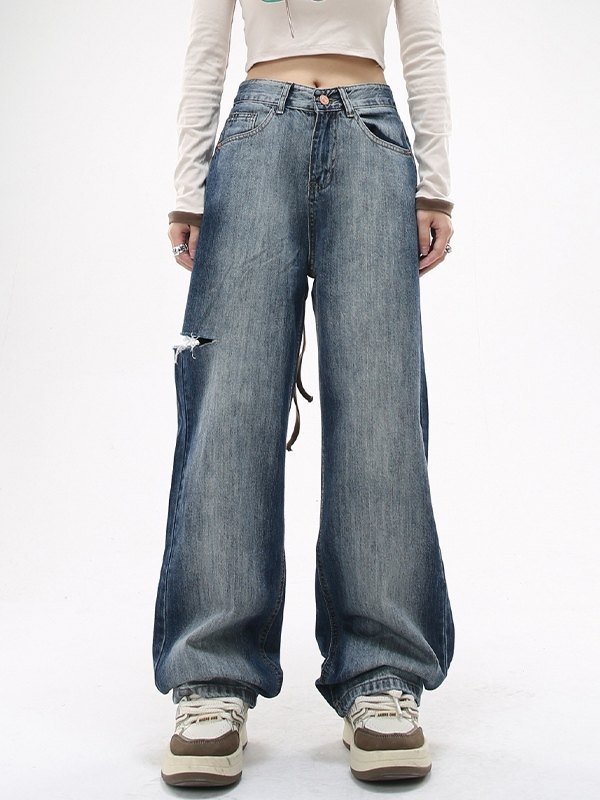 EMMIOL Faded 90s Wash Ripped Jeans