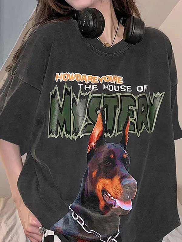 EMMIOL Washed Animal Print  Short  Sleeve Oversized Tee