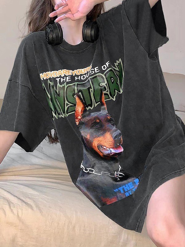 EMMIOL Washed Animal Print  Short  Sleeve Oversized Tee