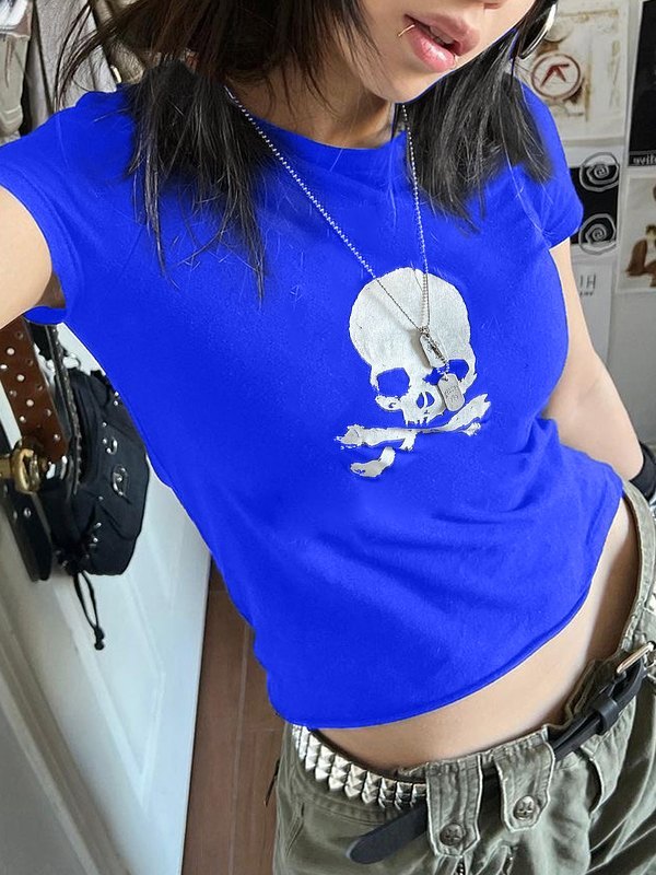 EMMIOL Skull Print Short Sleeve Y2K Crop Top