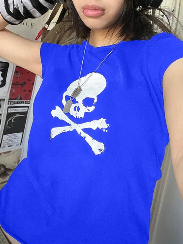 EMMIOL Skull Print Short Sleeve Y2K Crop Top