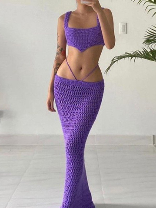EMMIOL Lace Up Crochet Knit Two Piece Set