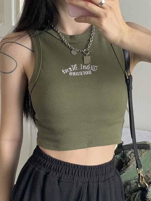 EMMIOL Letter Embroidery Ribbed Cropped Tank Top