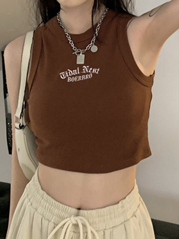 EMMIOL Letter Embroidery Ribbed Cropped Tank Top