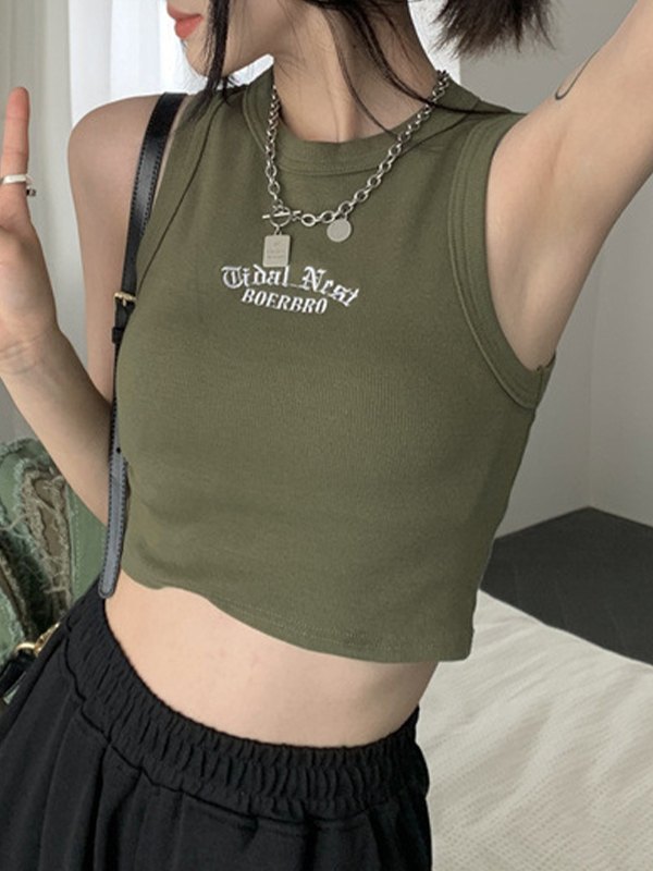 EMMIOL Letter Embroidery Ribbed Cropped Tank Top