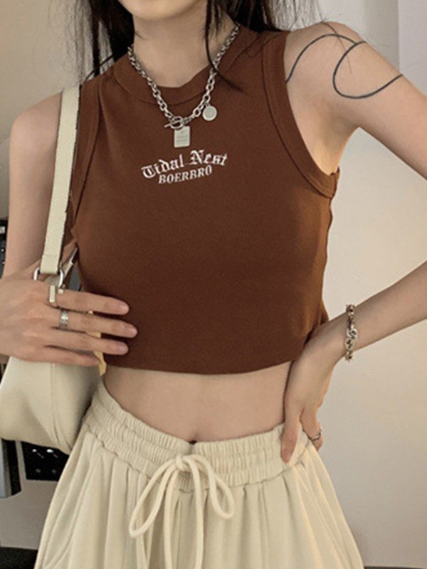 EMMIOL Letter Embroidery Ribbed Cropped Tank Top